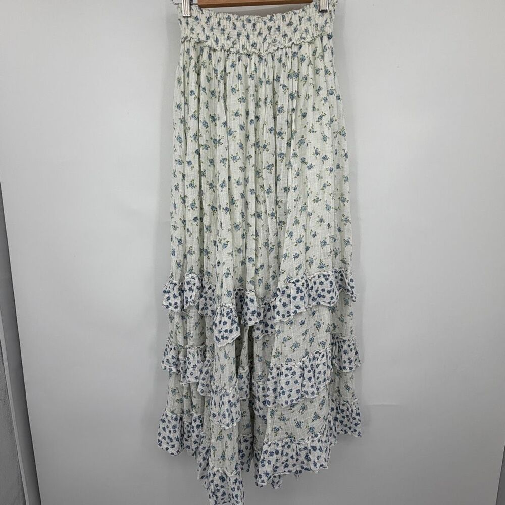 Free People White Blue Brynn Tiered Ruffles Floral Printed Maxi Skirt Medium